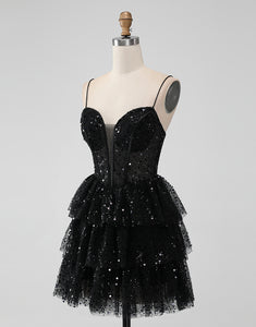 Sparkly Black Spaghetti Straps Tiered Homecoming Dress with Sequins