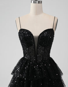 Sparkly Black Spaghetti Straps Tiered Homecoming Dress with Sequins