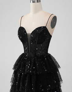 Sparkly Black Spaghetti Straps Tiered Homecoming Dress with Sequins