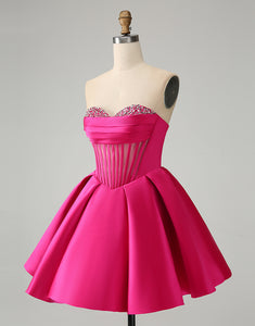 Cute Fuchsia A Line Sweetheart Corset Homecoming Dress with Beading