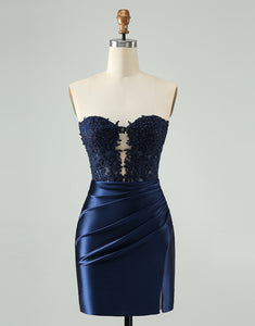 Unique Sparkly Navy Bodycon Strapless Hollow Out Homecoming Dress with Lace