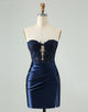 Unique Sparkly Navy Bodycon Strapless Hollow Out Homecoming Dress with Lace