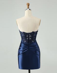 Unique Sparkly Navy Bodycon Strapless Hollow Out Homecoming Dress with Lace