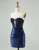 Unique Sparkly Navy Bodycon Strapless Hollow Out Homecoming Dress with Lace