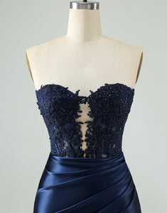 Unique Sparkly Navy Bodycon Strapless Hollow Out Homecoming Dress with Lace