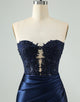 Unique Sparkly Navy Bodycon Strapless Hollow Out Homecoming Dress with Lace