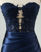 Unique Sparkly Navy Bodycon Strapless Hollow Out Homecoming Dress with Lace