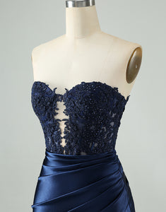 Unique Sparkly Navy Bodycon Strapless Hollow Out Homecoming Dress with Lace