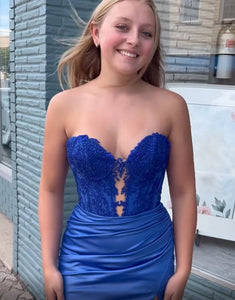 Sparkly Royal Blue Bodycon Strapless Hollow Out Homecoming Dress with Lace