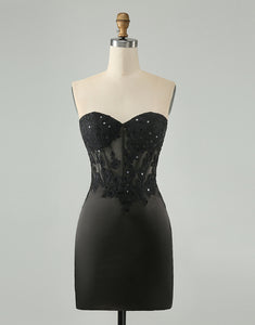 Sparkly Black Bodycon Sweetheart Corset Homecoming Dress with Appliques