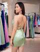 Glitter Green Spaghetti Straps Beaded Appliques Tight Corset Homecoming Dress