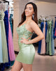 Glitter Green Spaghetti Straps Beaded Appliques Tight Corset Homecoming Dress