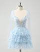 Glitter Blue A Line Embroidery Tiered Homecoming Dress with Appliques