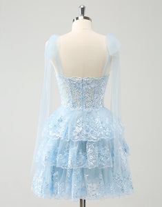 Glitter Blue A Line Embroidery Tiered Homecoming Dress with Appliques