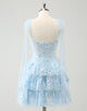 Glitter Blue A Line Embroidery Tiered Homecoming Dress with Appliques