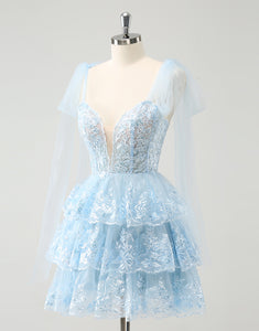 Glitter Blue A Line Embroidery Tiered Homecoming Dress with Appliques