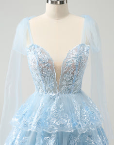 Glitter Blue A Line Embroidery Tiered Homecoming Dress with Appliques