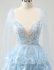 Glitter Blue A Line Embroidery Tiered Homecoming Dress with Appliques