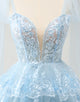 Glitter Blue A Line Embroidery Tiered Homecoming Dress with Appliques