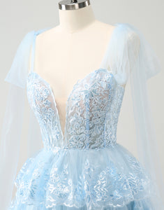 Glitter Blue A Line Embroidery Tiered Homecoming Dress with Appliques