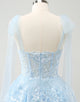 Glitter Blue A Line Embroidery Tiered Homecoming Dress with Appliques