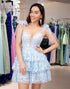 Glitter Blue A Line Embroidery Tiered Homecoming Dress with Appliques