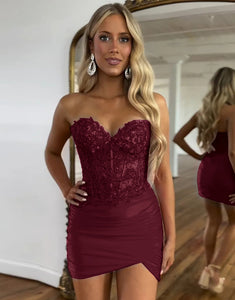 Blue Strapless Lace Tight Homecoming Dress