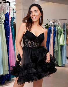 Cute Black A Line Corset Strapless Ruffled Short Homecoming Dress