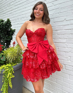 Red A-Line Strapless Prom Dress with Bow