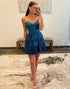 Peacock Blue Strapless A Line Tiered Mini Corset Homecoming Dress with Beading