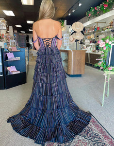 Royal Blue Off The Shoulder Tiered Prom Dress with Slit