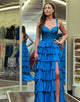 Royal Blue Off The Shoulder Tiered Prom Dress with Slit