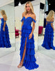 Royal Blue Off The Shoulder Tiered Prom Dress with Slit