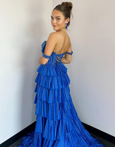 Royal Blue Off The Shoulder Tiered Prom Dress with Slit