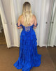 Royal Blue Off The Shoulder Tiered Prom Dress with Slit