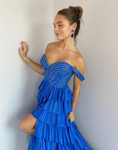 Royal Blue Off The Shoulder Tiered Prom Dress with Slit