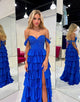 Royal Blue Off The Shoulder Tiered Prom Dress with Slit