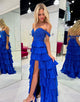 Royal Blue Off The Shoulder Tiered Prom Dress with Slit