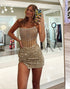 Sparkly Gold Strapless Tight Corset Homecoming Dress with Slit
