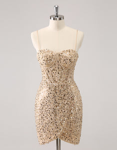 Sparkly Golden Spaghetti Straps Bodycon Homecoming Dress with Sequins