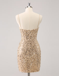 Sparkly Golden Spaghetti Straps Bodycon Homecoming Dress with Sequins