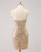 Sparkly Golden Spaghetti Straps Bodycon Homecoming Dress with Sequins