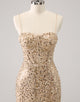 Sparkly Golden Spaghetti Straps Bodycon Homecoming Dress with Sequins