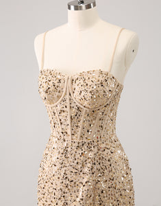 Sparkly Golden Spaghetti Straps Bodycon Homecoming Dress with Sequins