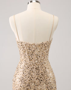 Sparkly Golden Spaghetti Straps Bodycon Homecoming Dress with Sequins