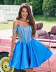 Sparkly Blue A-Line Off the Shoulder Beaded Satin Homecoming Dress