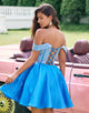 Sparkly Blue A-Line Off the Shoulder Beaded Satin Homecoming Dress