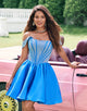 Sparkly Blue A-Line Off the Shoulder Beaded Satin Homecoming Dress