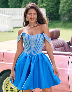 Sparkly Blue A-Line Off the Shoulder Beaded Satin Homecoming Dress