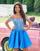 Sparkly Blue A-Line Off the Shoulder Beaded Satin Homecoming Dress